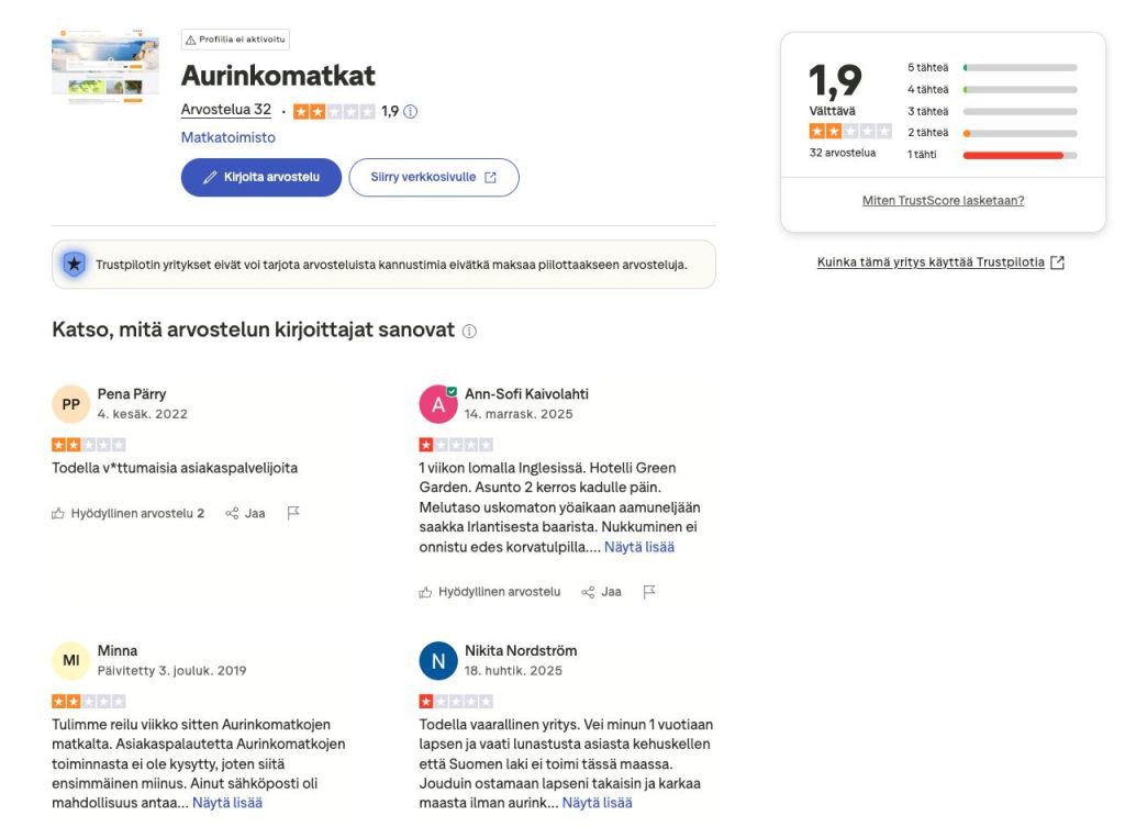 Aurinkomatkat trustpilot